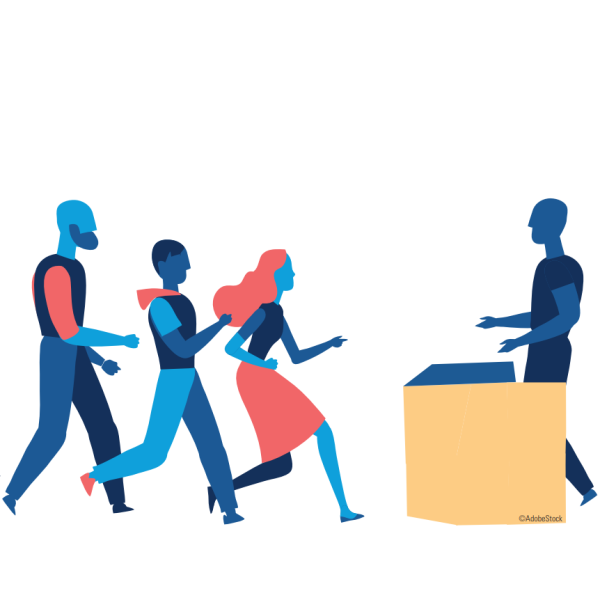 Illustration représentant des usagers se rendant au guichet.